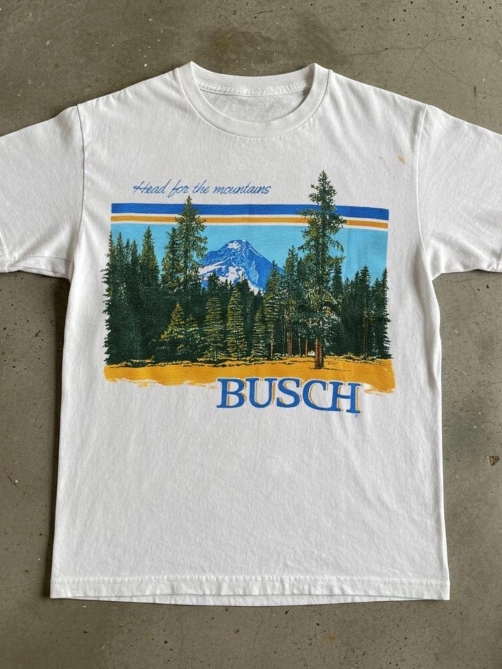 Gildan White Graphic Tee with Blue and Green Mountain Print